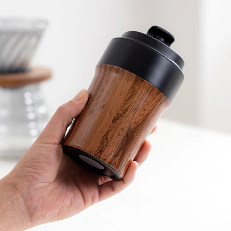 Wood Grain Coffee Mug with Lid Vacuum Insulated and Inner Ceramic Coating