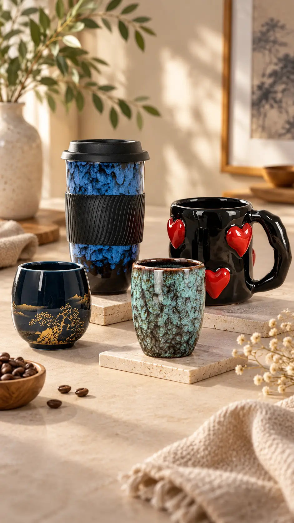 Ceramic mugs collection featuring four assorted mugs in black, blue, and green glazed finishes, displayed on a warm countertop in a bright, styled kitchen setting.