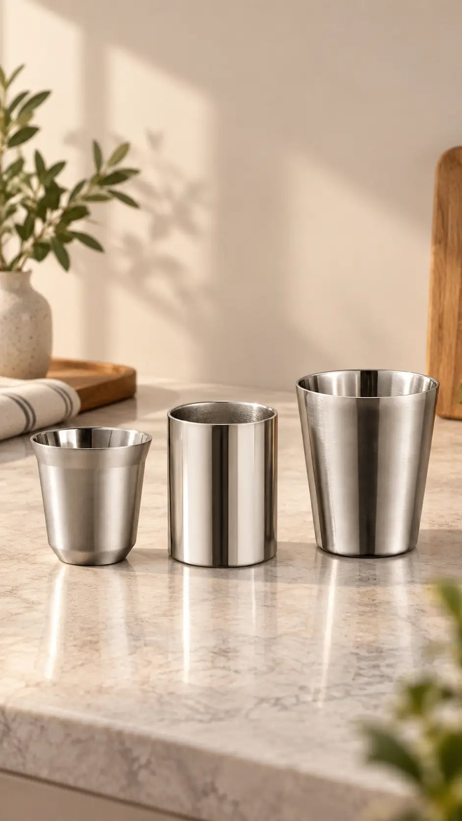 Stainless steel mugs collection featuring three handleless cups in different sizes and brushed or polished finishes on a light kitchen countertop.