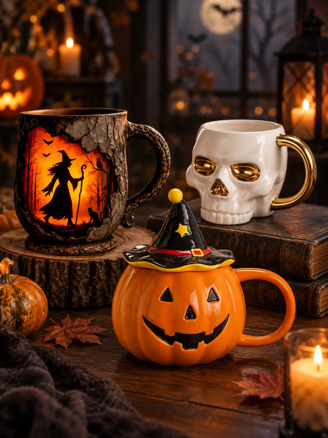 Halloween mugs collection featuring a glowing witch scene mug, a white skull mug with gold accents, and a pumpkin-shaped mug in a warm spooky setting with candles,  and pumpkins.
