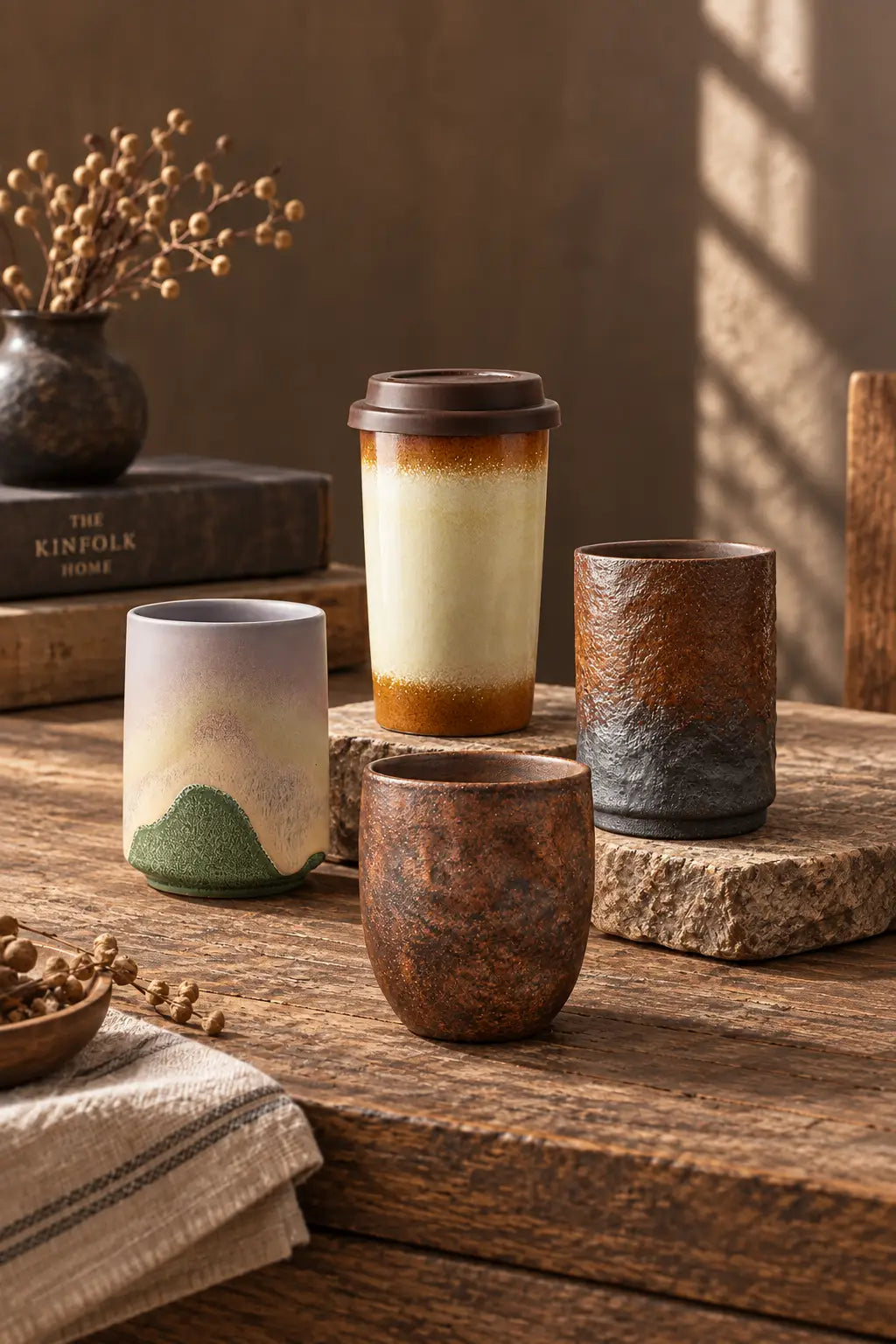 Handleless pottery and ceramic mugs collection featuring handcrafted cups and a lidded travel mug in earthy glazes and textured finishes.