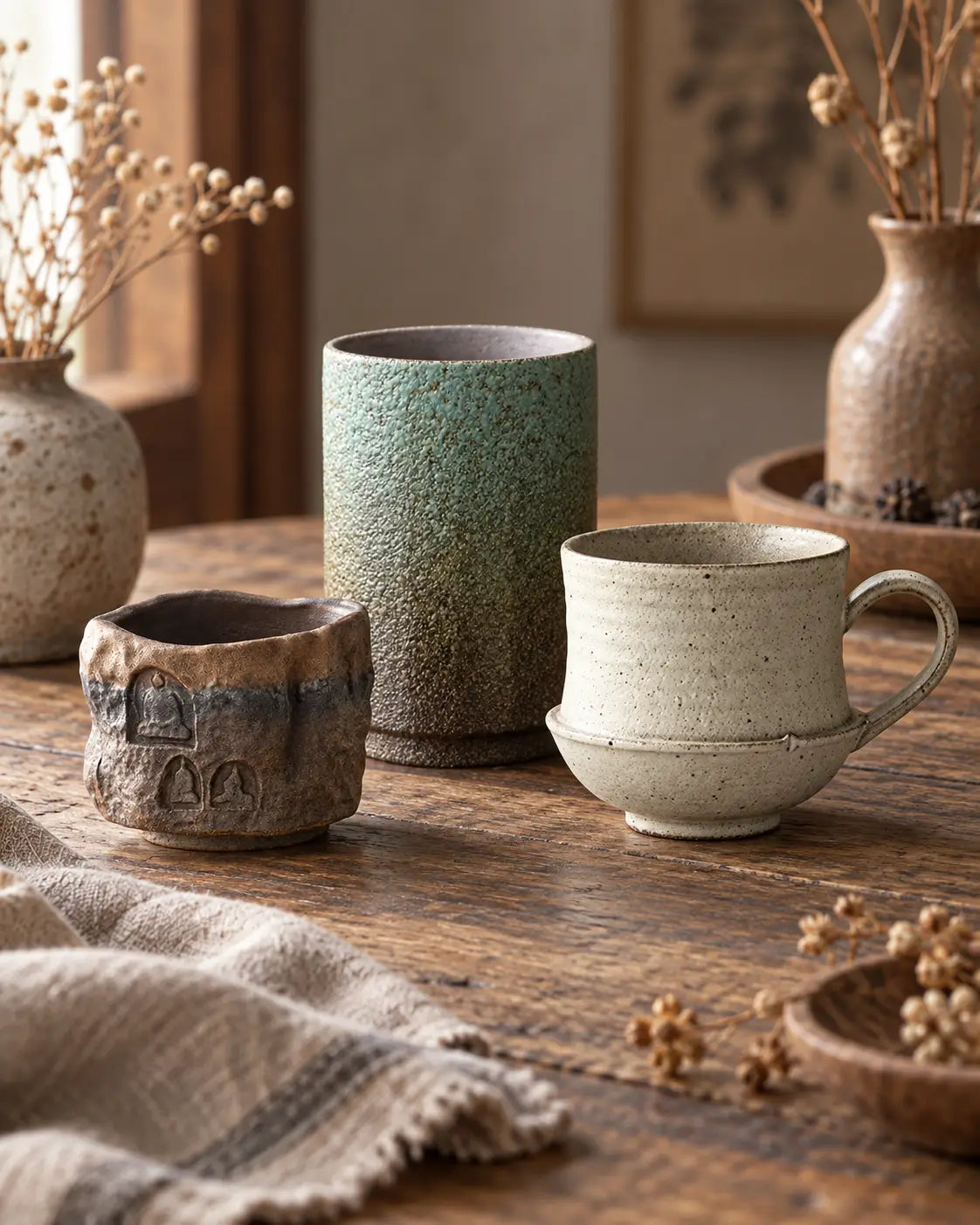 Handmade ceramic mugs collection featuring textured pottery cups in earthy glazes and unique artisan shapes on a rustic wooden table.