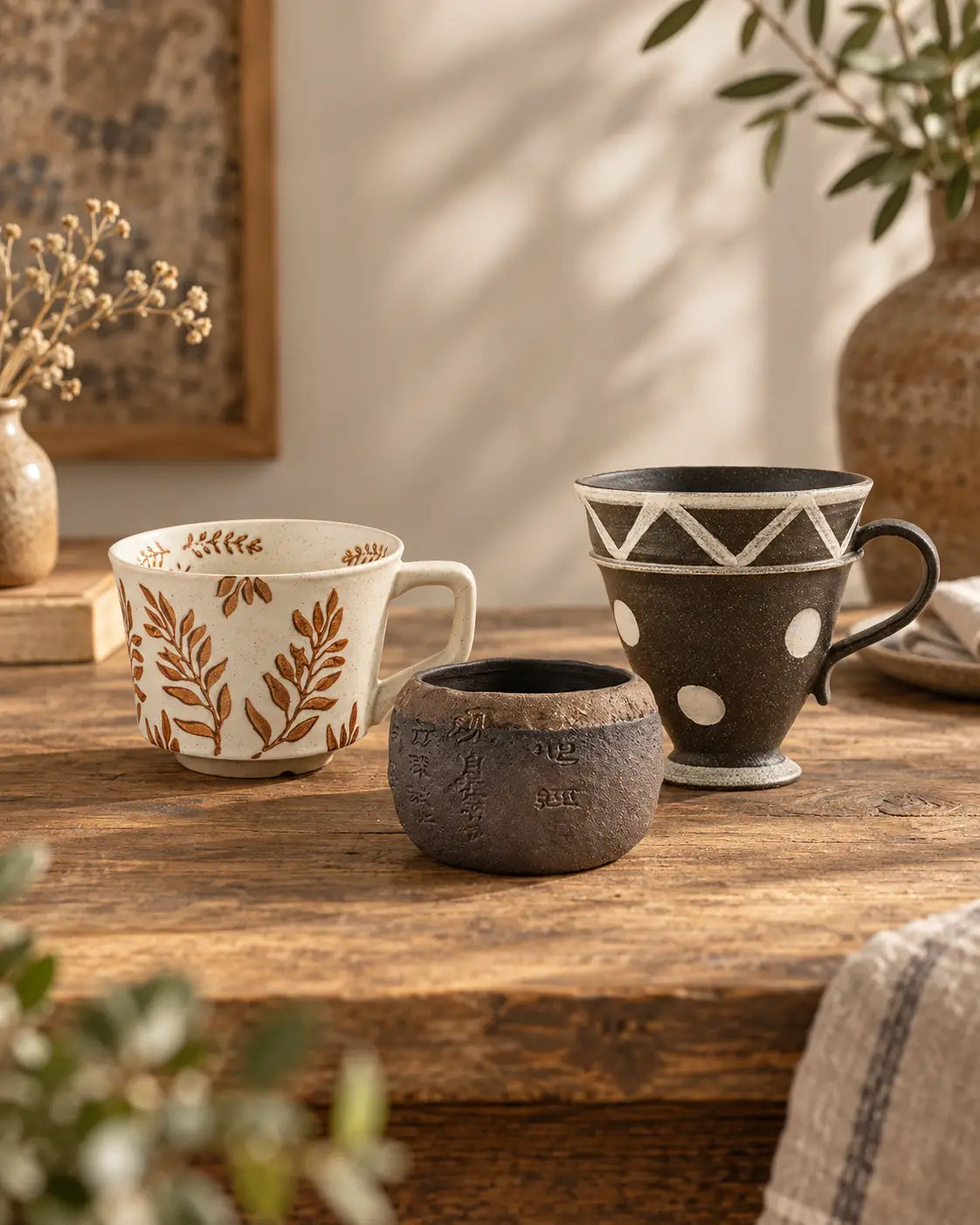 Pottery mugs collection featuring handcrafted ceramic cups in rustic brown, cream and black finishes displayed on a warm wooden table.