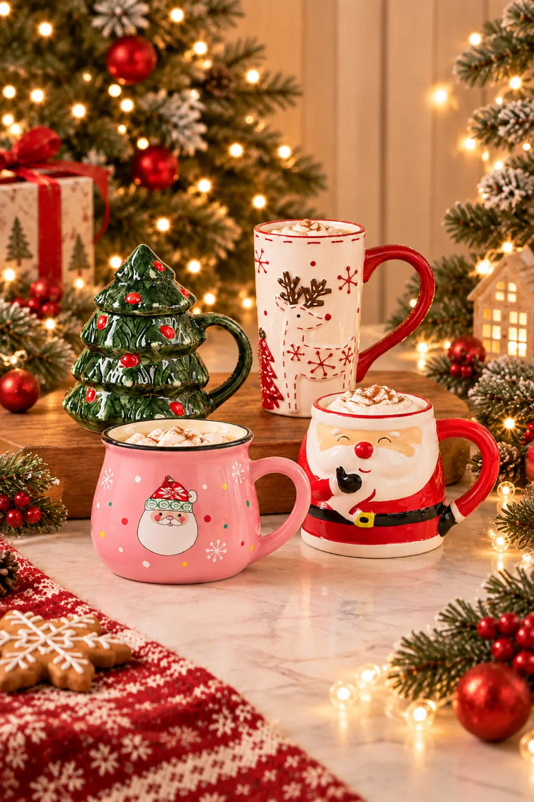 Christmas mugs collection featuring Santa Clause, reindeer, and Christmas tree ceramic mugs in a warm holiday setting.