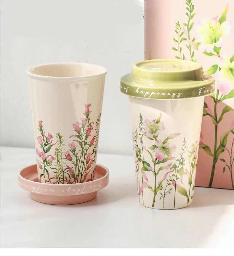 Spring Lily Tall Ceramic Coffee Mug with Lid - CM041