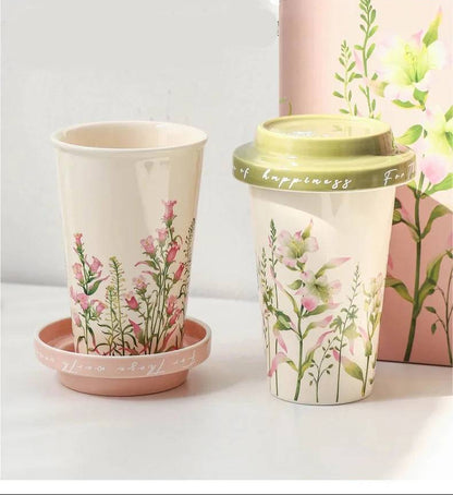 Spring Lily Tall Ceramic Coffee Mug with Lid - CM041