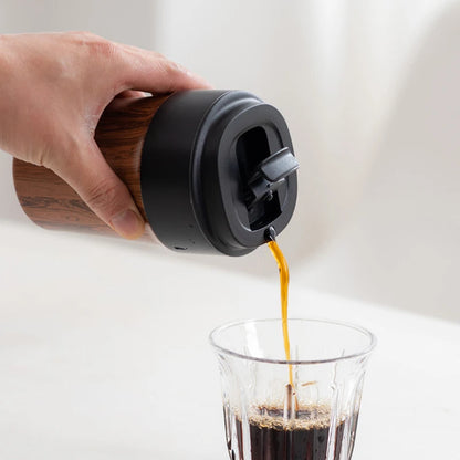Wood Grain Coffee Mug with Lid Vacuum Insulated and Inner Ceramic Coating