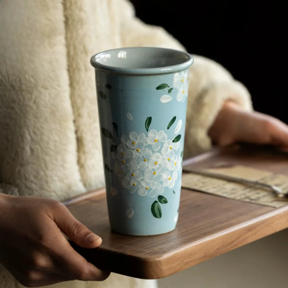 Hand-Painted Jingdezhen Floral Extra Tall Ceramic Mug - CM040