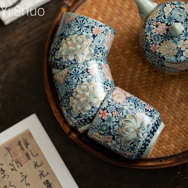 Retro Chinese Ru Kiln Floral Ceramic Tea Cup - CM032