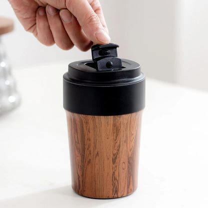 Wood Grain Coffee Mug with Lid Vacuum Insulated and Inner Ceramic Coating