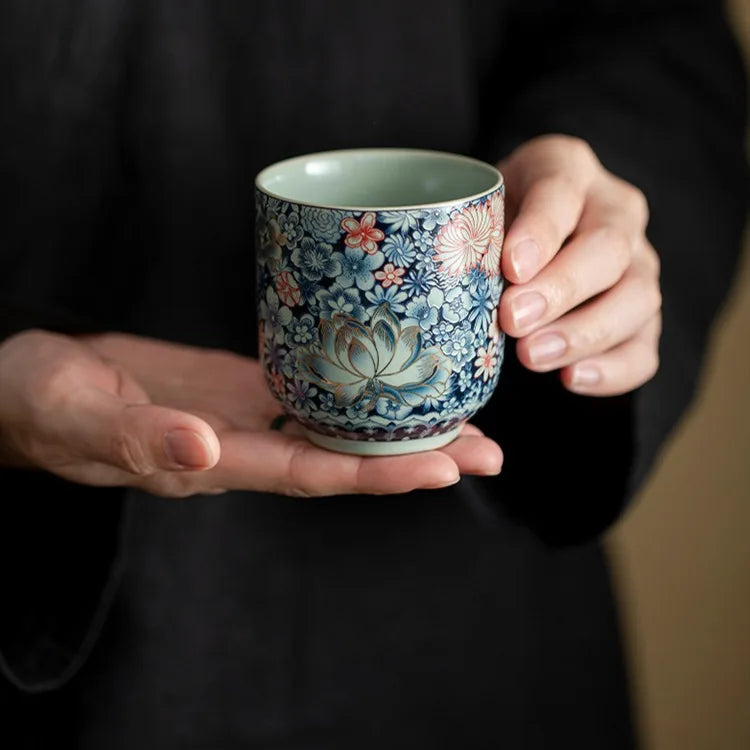 Retro Chinese Ru Kiln Floral Ceramic Tea Cup - CM032
