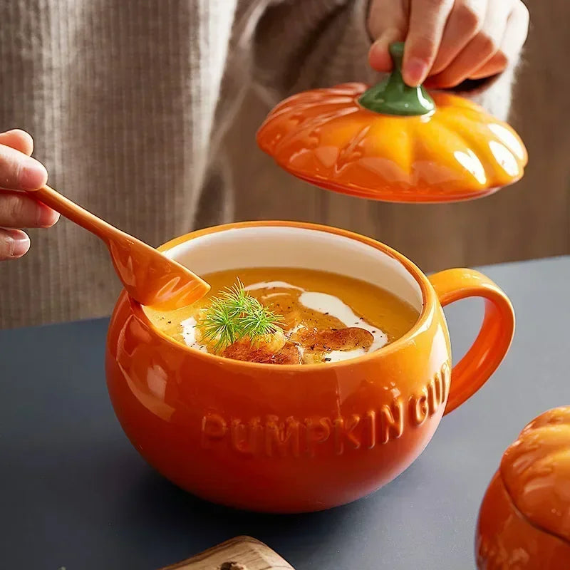 Pumpkin Ceramic Mug with Lid and Spoon