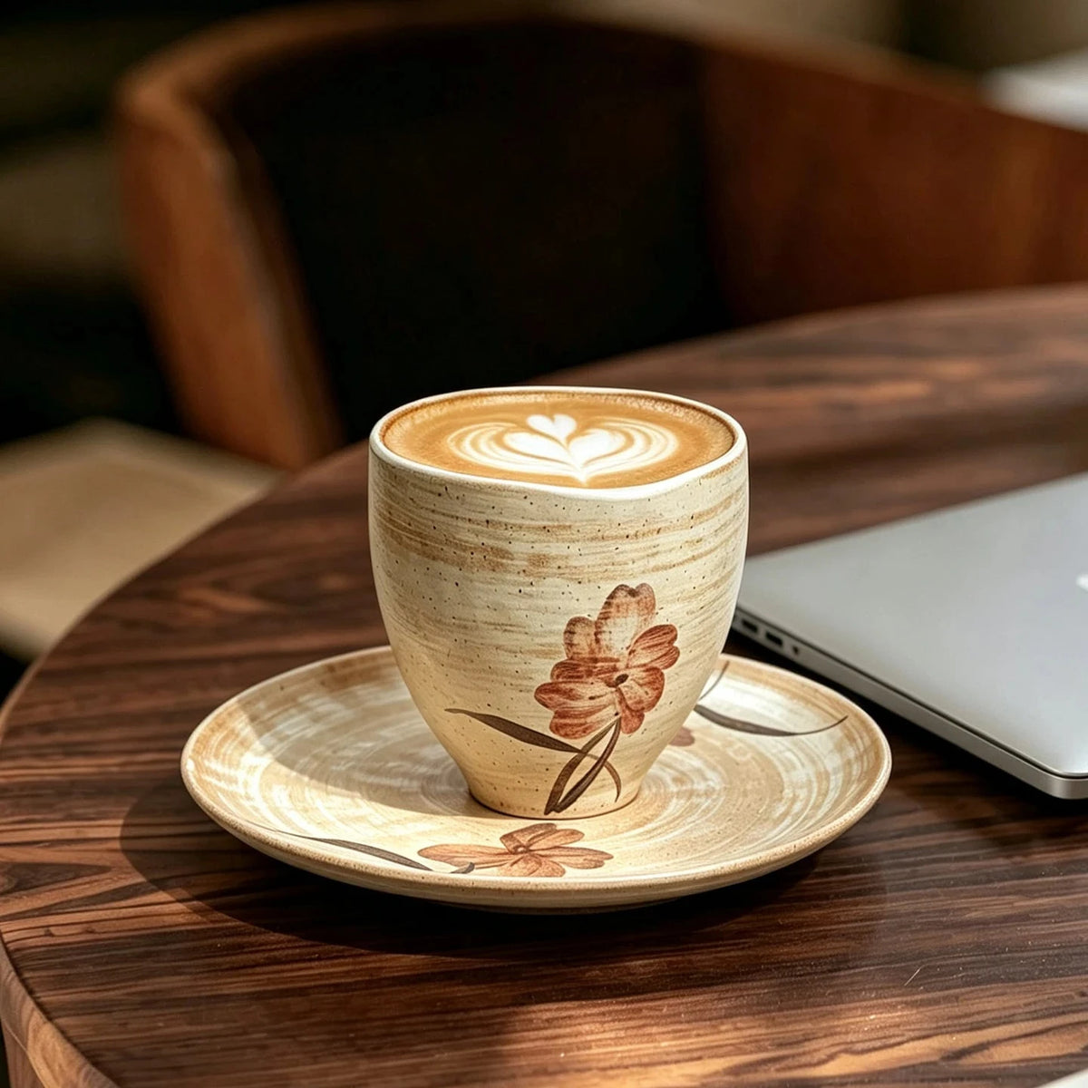 A ceramic coffee cup and saucer set on a dark wood table, featuring a hand-painted floral design and a latte with heart-shaped foam art in the background.