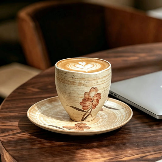 A ceramic coffee cup and saucer set on a dark wood table, featuring a hand-painted floral design and a latte with heart-shaped foam art in the background.