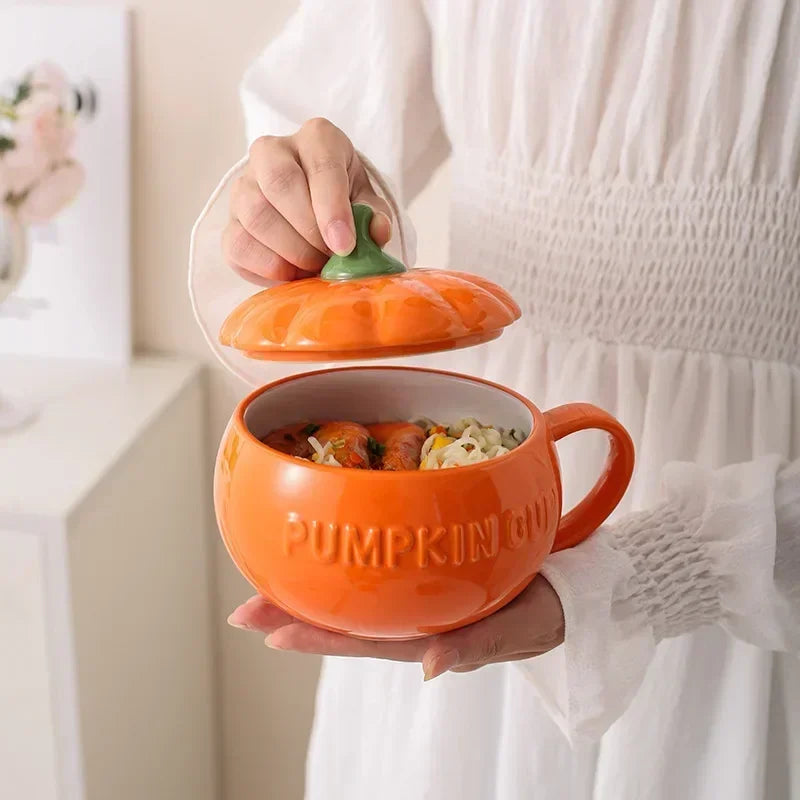Pumpkin Ceramic Mug with Lid and Spoon