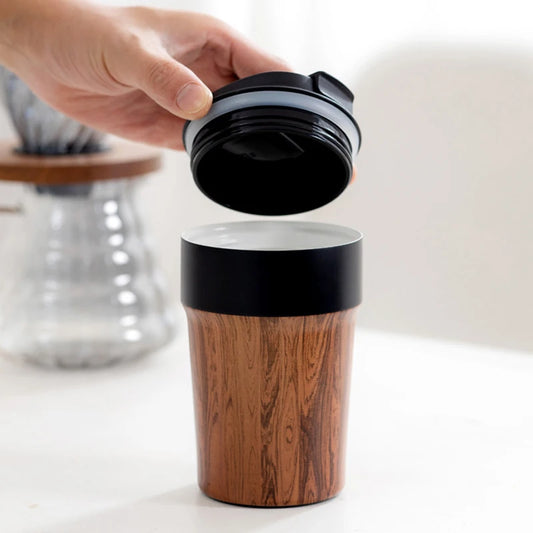 Wood Grain Coffee Mug with Lid Vacuum Insulated and Inner Ceramic Coating