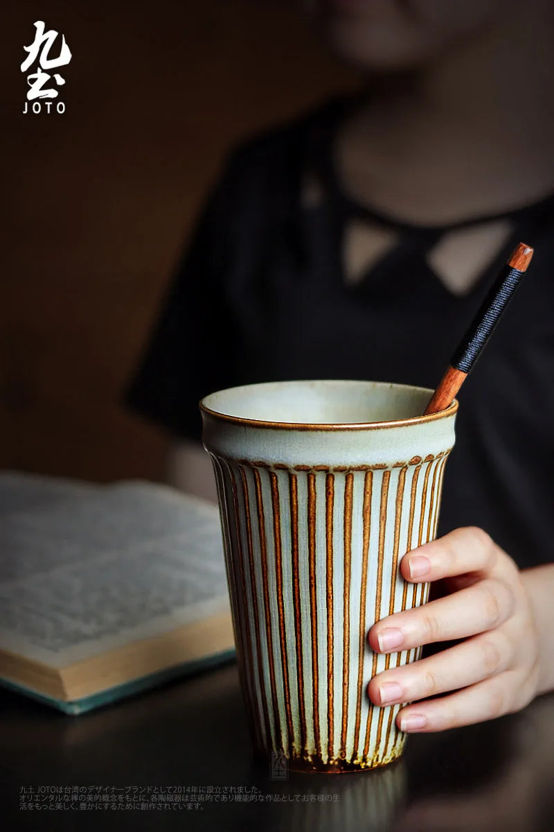 Vintage Ribbed Ceramic Tall Coffee Mug - CM035