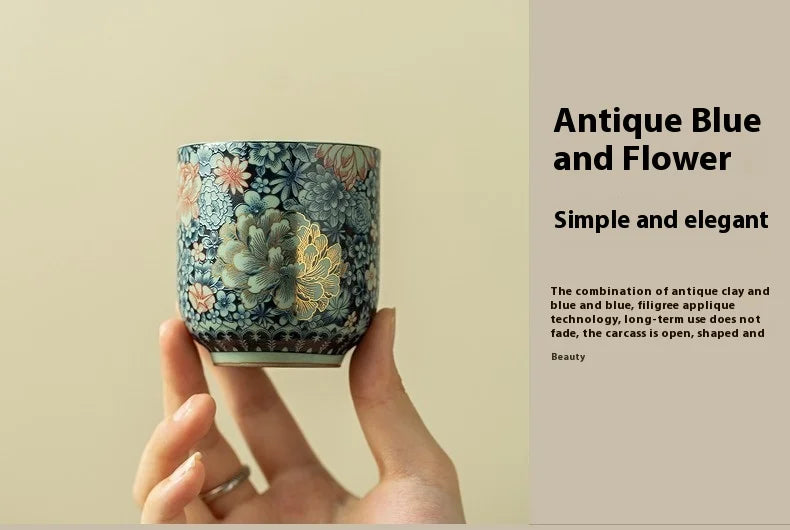 Retro Chinese Ru Kiln Floral Ceramic Tea Cup - CM032