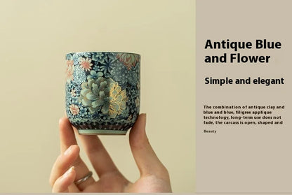 Retro Chinese Ru Kiln Floral Ceramic Tea Cup - CM032