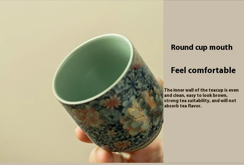 Retro Chinese Ru Kiln Floral Ceramic Tea Cup - CM032