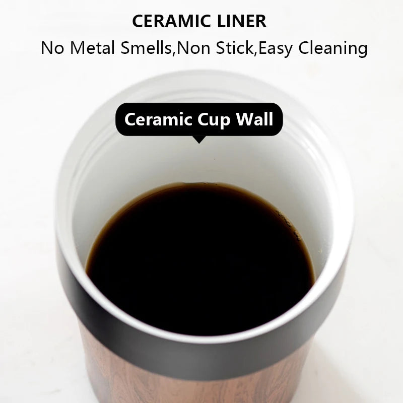 Wood Grain Coffee Mug with Lid Vacuum Insulated and Inner Ceramic Coating