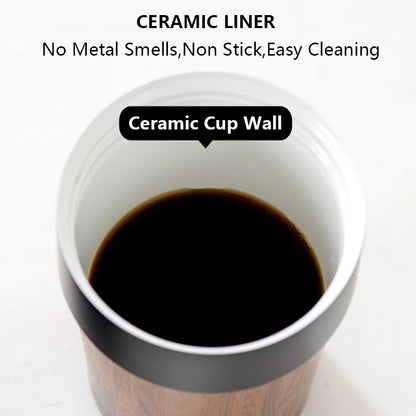 Wood Grain Coffee Mug with Lid Vacuum Insulated and Inner Ceramic Coating