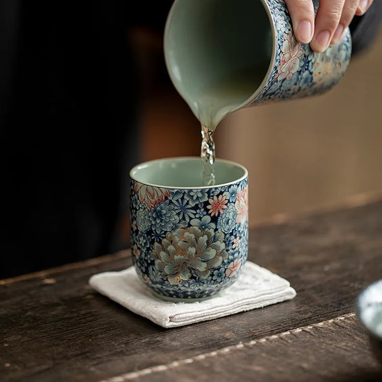 Retro Chinese Ru Kiln Floral Ceramic Tea Cup - CM032