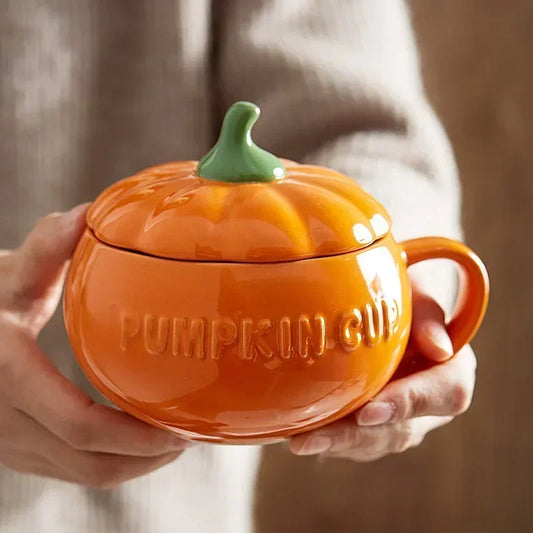 Pumpkin Ceramic Mug with Lid and Spoon