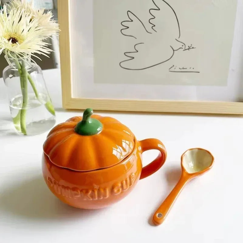 Pumpkin Ceramic Mug with Lid and Spoon