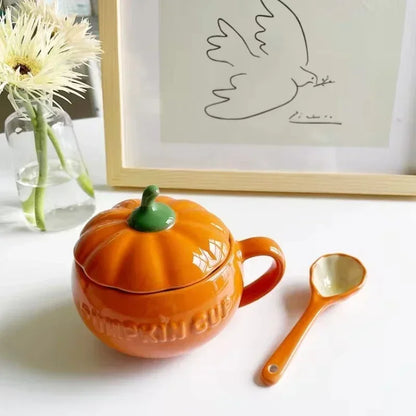 Pumpkin Ceramic Mug with Lid and Spoon