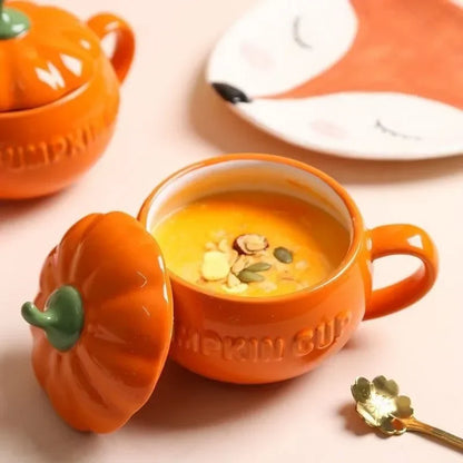 Pumpkin Ceramic Mug with Lid and Spoon
