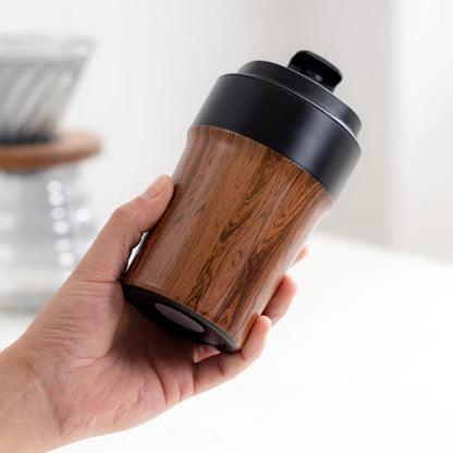 Wood Grain Coffee Mug with Lid Vacuum Insulated and Inner Ceramic Coating