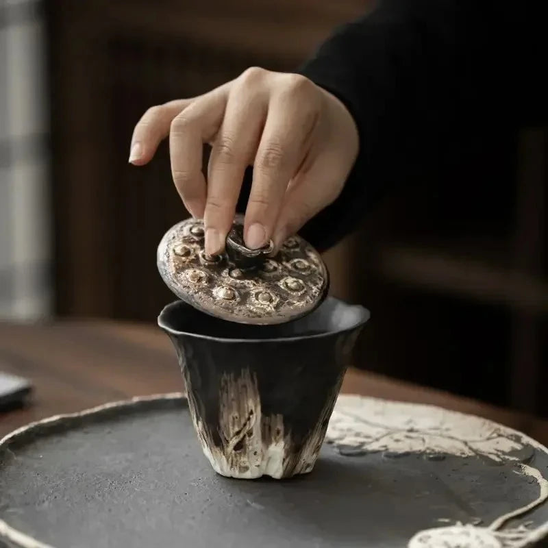 Handmade Embossed Lotus Coarse Ceramic Cup