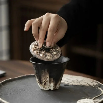 Handmade Embossed Lotus Coarse Ceramic Cup