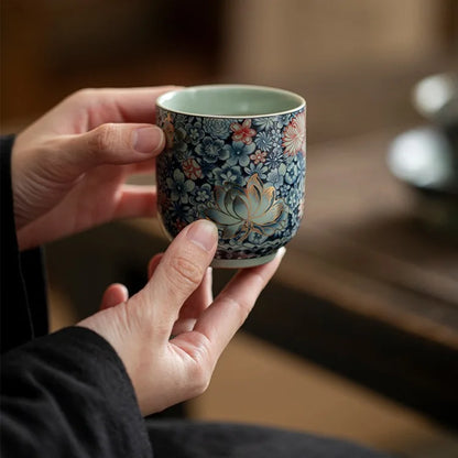 Retro Chinese Ru Kiln Floral Ceramic Tea Cup - CM032