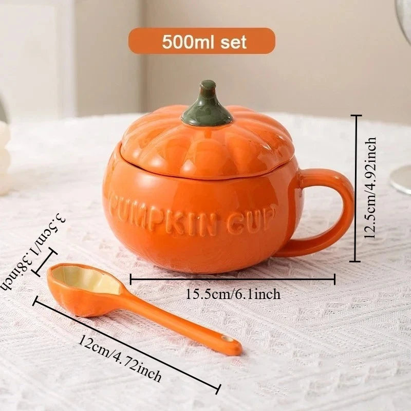 Pumpkin Ceramic Mug with Lid and Spoon