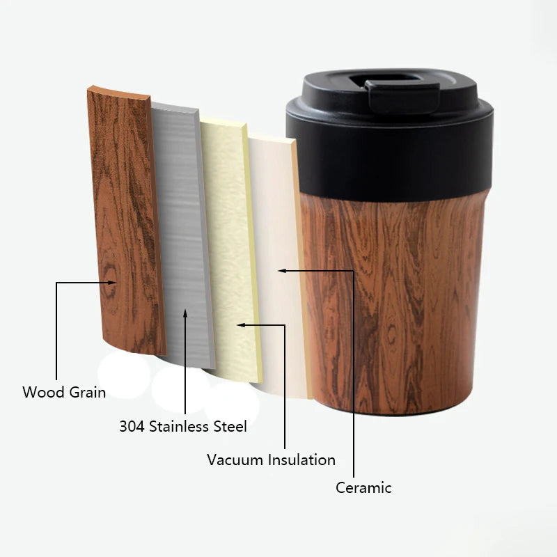Wood Grain Coffee Mug with Lid Vacuum Insulated and Inner Ceramic Coating
