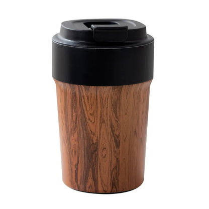 Wood Grain Coffee Mug with Lid Vacuum Insulated and Inner Ceramic Coating