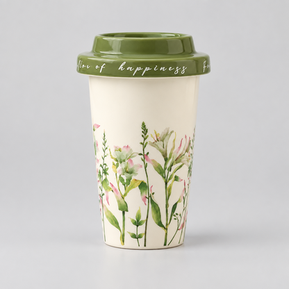 Spring Lily Tall Ceramic Coffee Mug with Lid - CM041