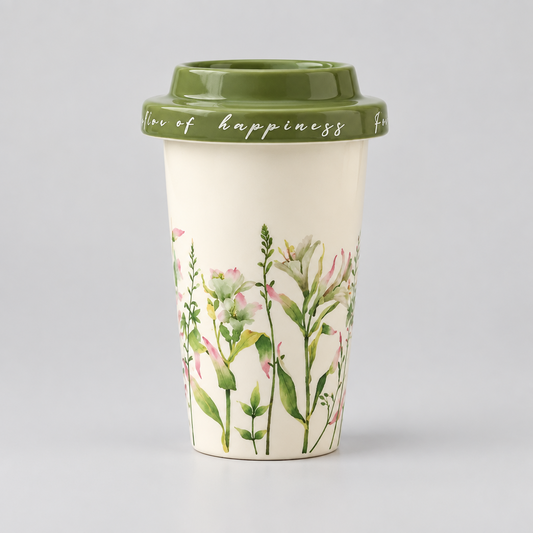 Spring Lily Tall Ceramic Mug with Ceramic Lid - CM041